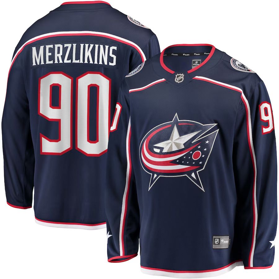 Men Columbus Blue Jackets 90 Elvis Merzlikins Fanatics Branded Navy Home Breakaway Player NHL Jersey